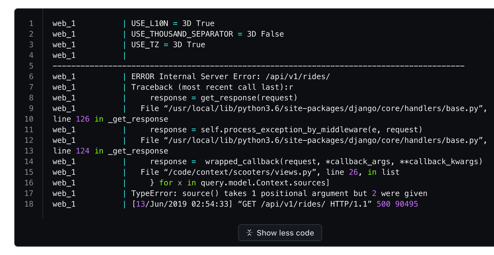 Expanded Code Block with all lines visible and a 'Show less code' button displayed at the bottom