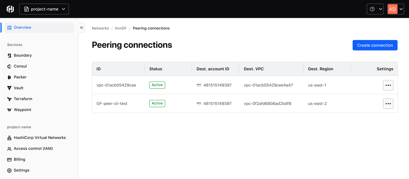 Peering connections heading with a "Create connection" button right aligned to the container. A table of peering connections below.